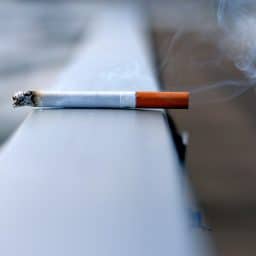 A lit cigarette sitting on a ledge.